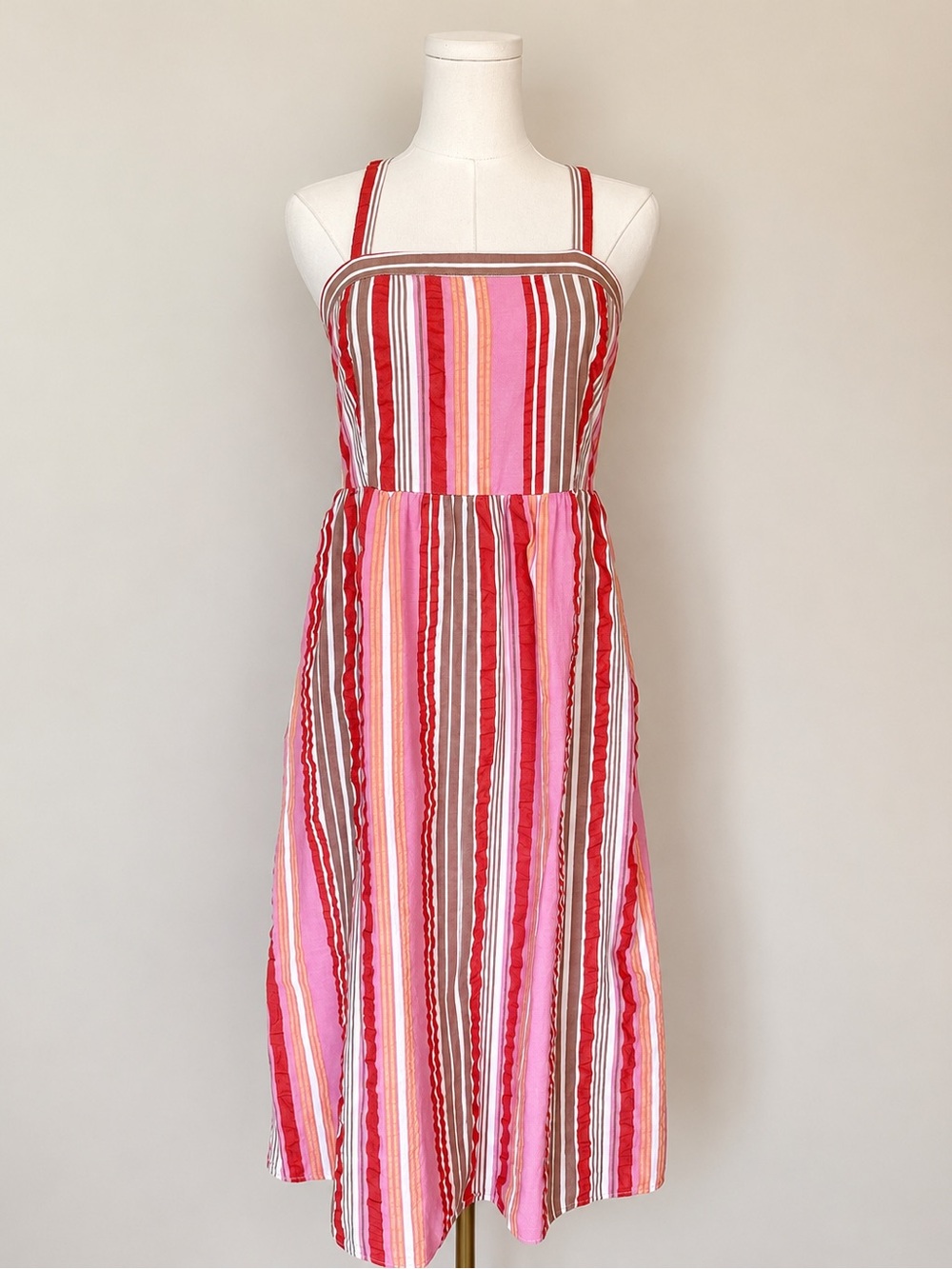 LOFT Petites 2P Striped Cotton Cross Back Tie Midi Sundress Pink Red Cottagecore